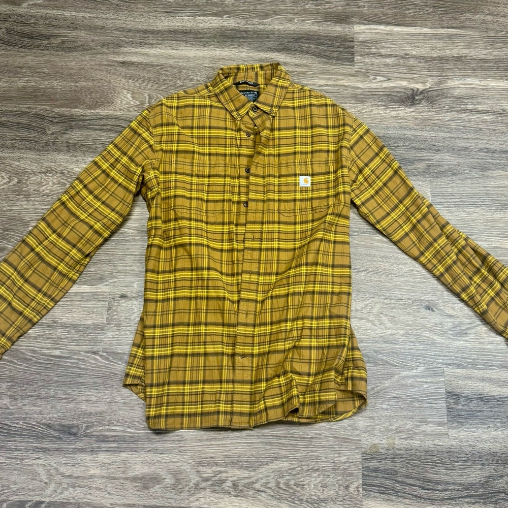 Carhartt Rugged Flex Plaid Button Down Shirt XL Tall Relaxed Fit Yellow Brown